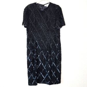 Vintage 80s Niteline by Della Roufogali Beaded Silk Black Cocktail Dress 14